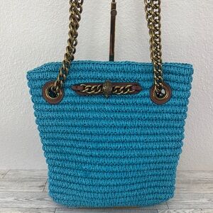 Kurt Geiger Chelsea Blue Raffia Tote Bag with Chain Handles